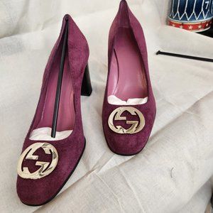 Ladies Wine Suede GUCCI Pumps/   Brass "G" Buckle  size 9 NWOT